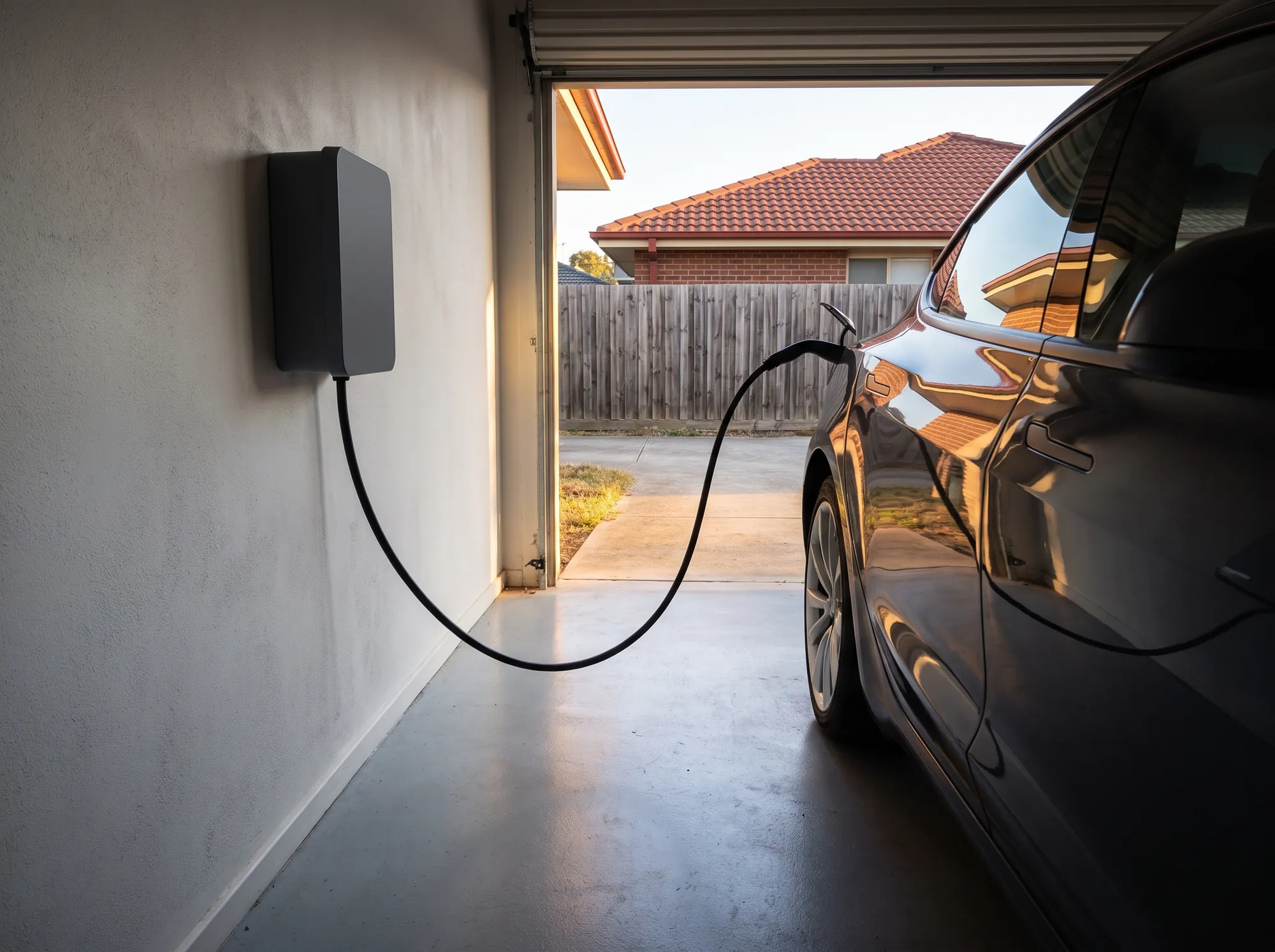 Level 2 EV charger in a suburban garage